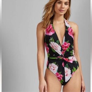 TED BAKER One Piece Swimsuit Velily Floral Twist Plunge Size US 6 NWT